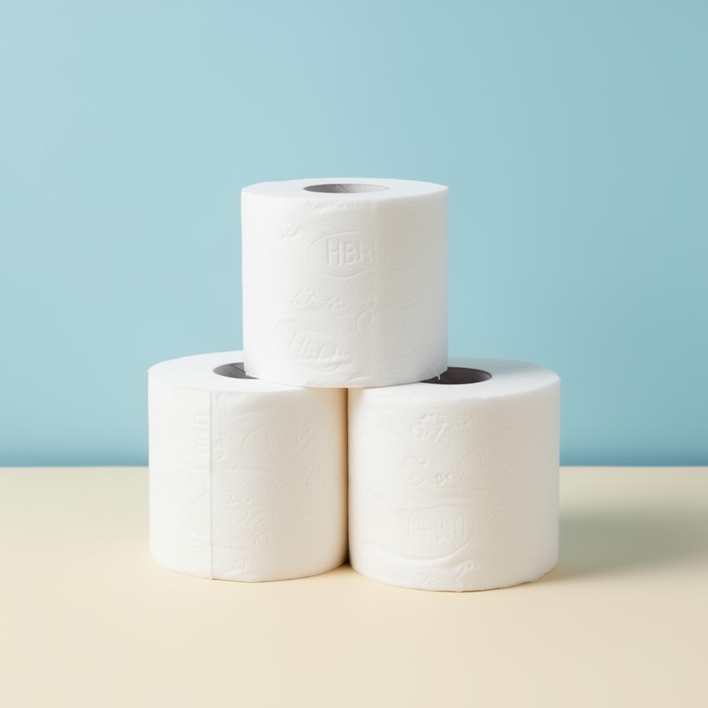 Stack of premium RollStack toilet paper packs in a bright bathroom